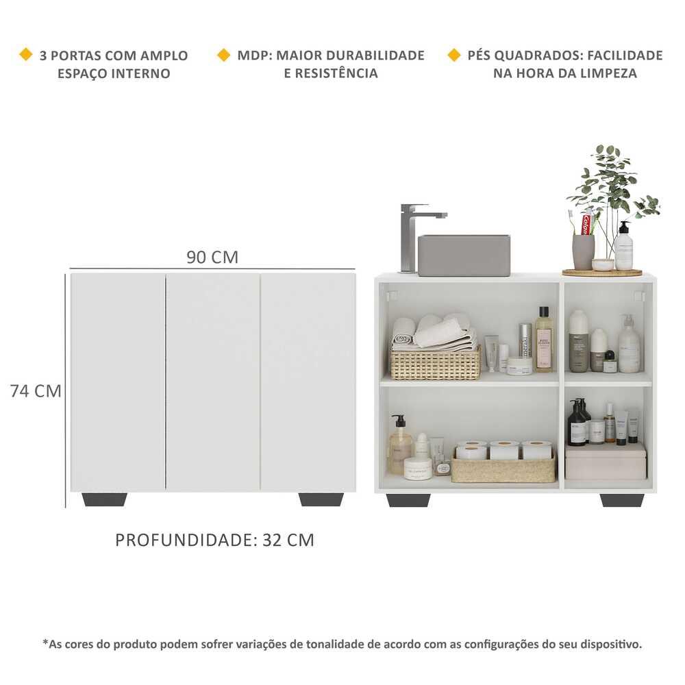 Gabinete Banheiro 3 Portas 90cm Multimóveis V5031 Branco/Preto