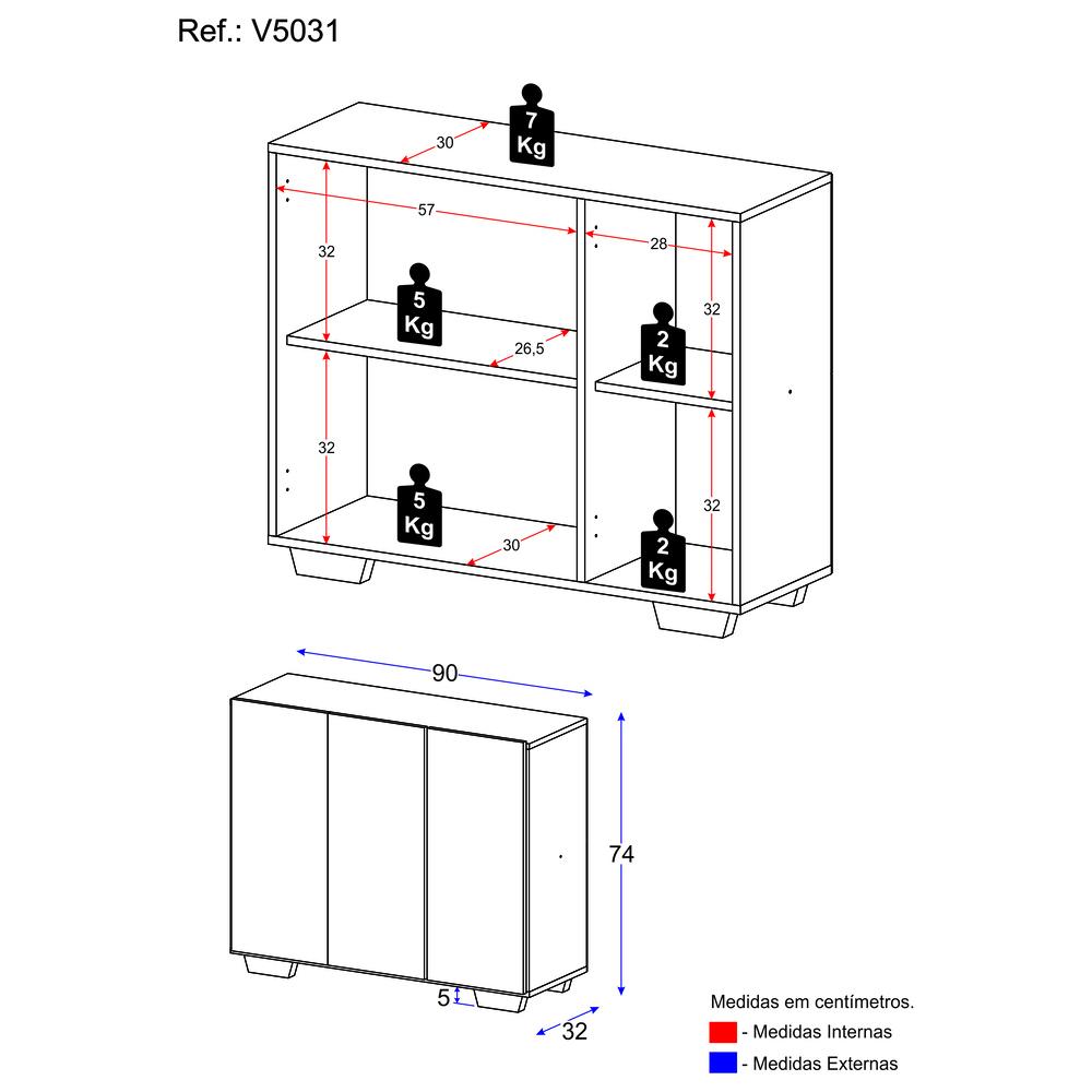 Gabinete Banheiro 3 Portas 90cm Multimóveis V5031 Branco/Preto