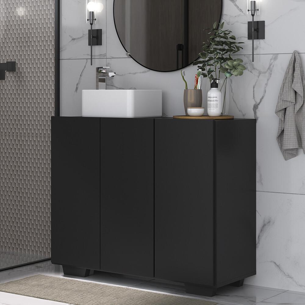 Gabinete Banheiro 3 Portas 90cm Multimóveis V5031 Preto