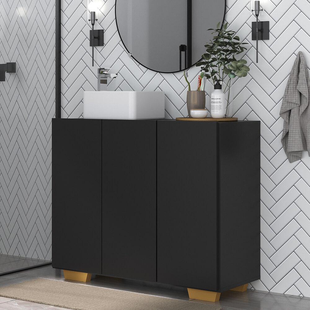 Gabinete Banheiro 3 Portas 90cm Multimóveis V5031 Preto/Natural