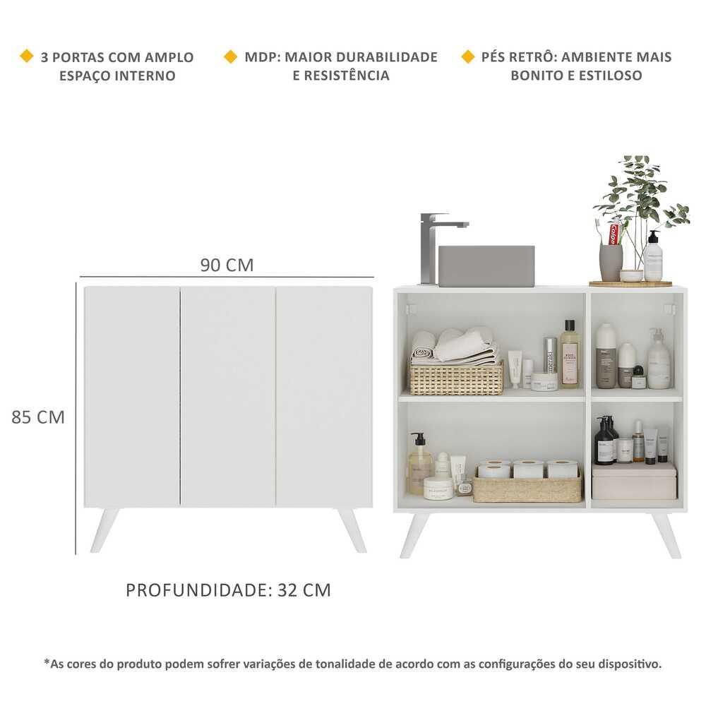 Gabinete Banheiro 3 Portas Retrô 90cm Multimóveis MP5030 Branco