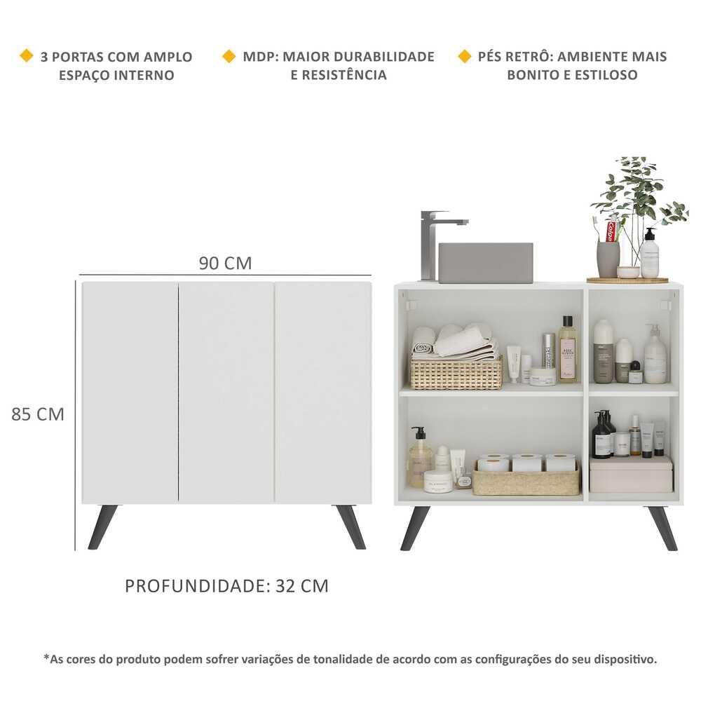 Gabinete Banheiro 3 Portas Retrô 90cm Multimóveis MP5030 Branco/Preto