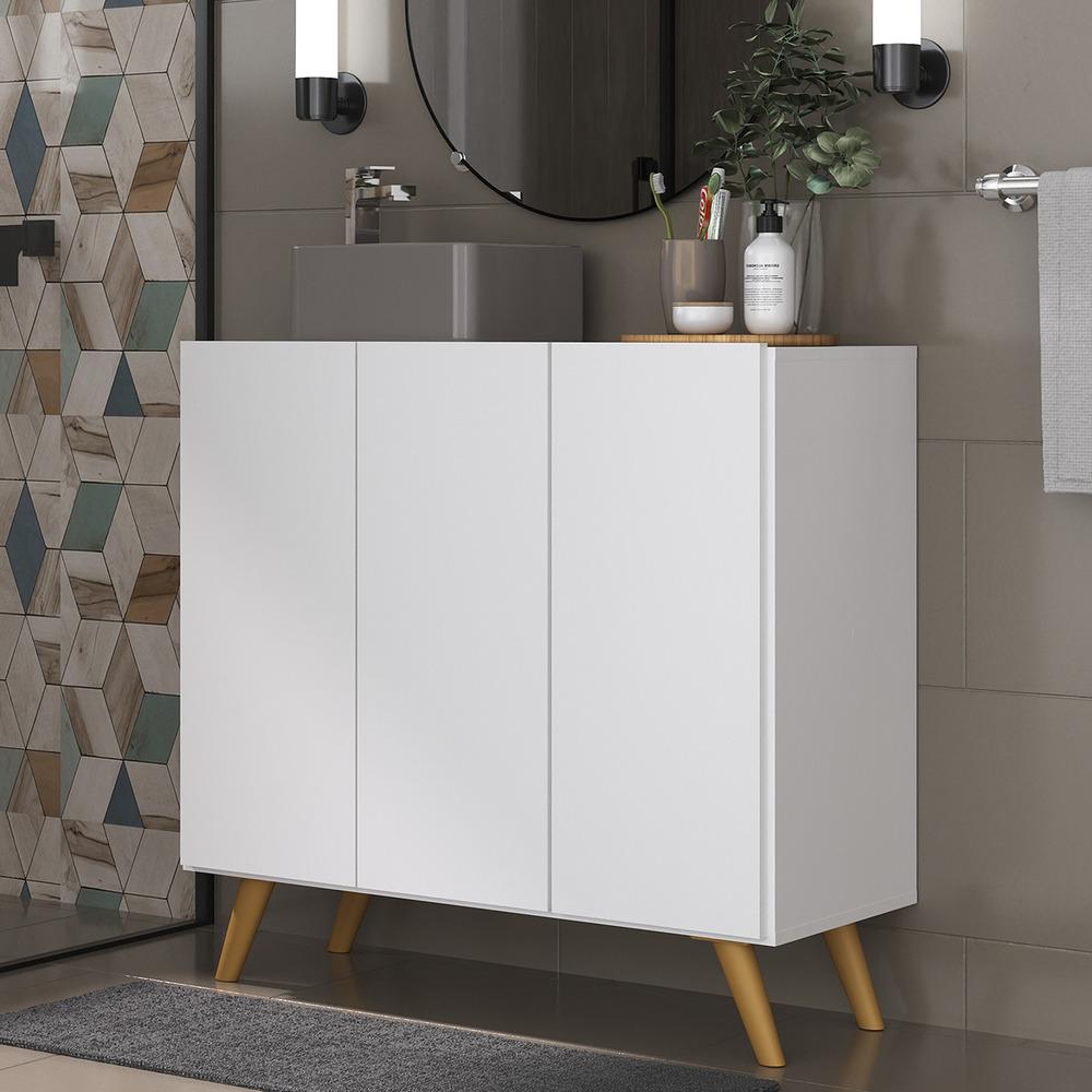 Gabinete Banheiro 3 Portas Retrô 90cm Multimóveis V5030 Branco/Natural