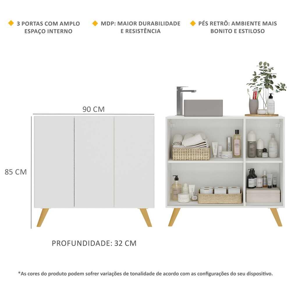 Gabinete Banheiro 3 Portas Retrô 90cm Multimóveis V5030 Branco/Natural
