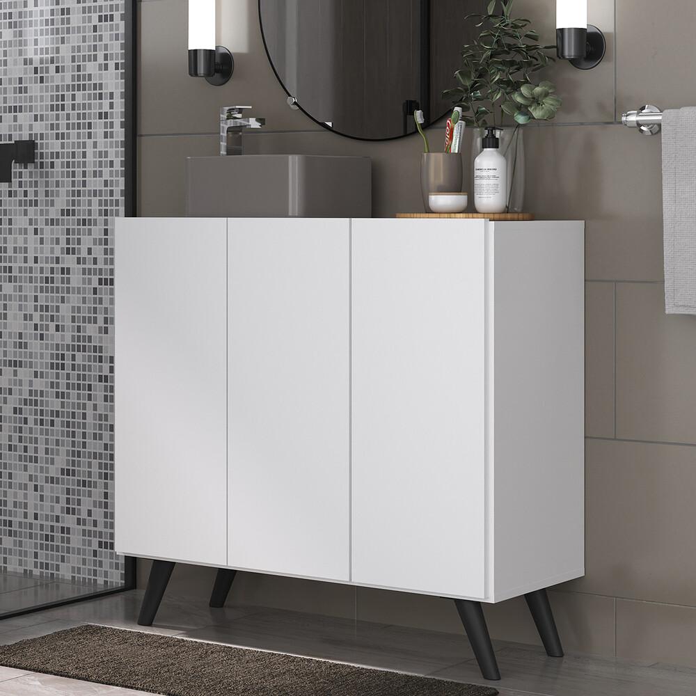 Gabinete Banheiro 3 Portas Retrô 90cm Multimóveis V5030 Branco/Preto