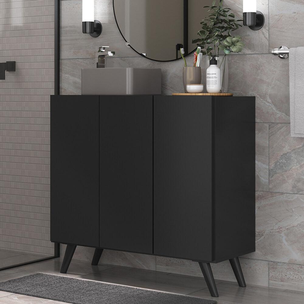 Gabinete Banheiro 3 Portas Retrô 90cm Multimóveis V5030 Preto