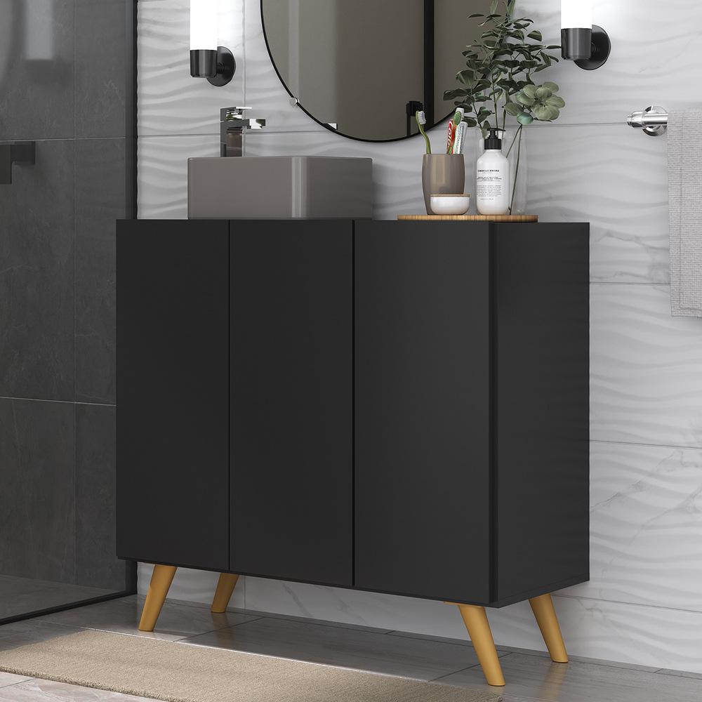 Gabinete Banheiro 3 Portas Retrô 90cm Multimóveis V5030 Preto/Natural