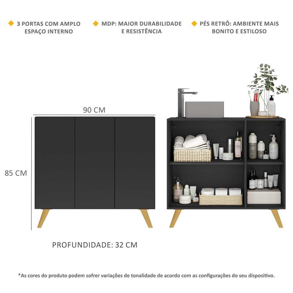 Gabinete Banheiro 3 Portas Retrô 90cm Multimóveis V5030 Preto/Natural