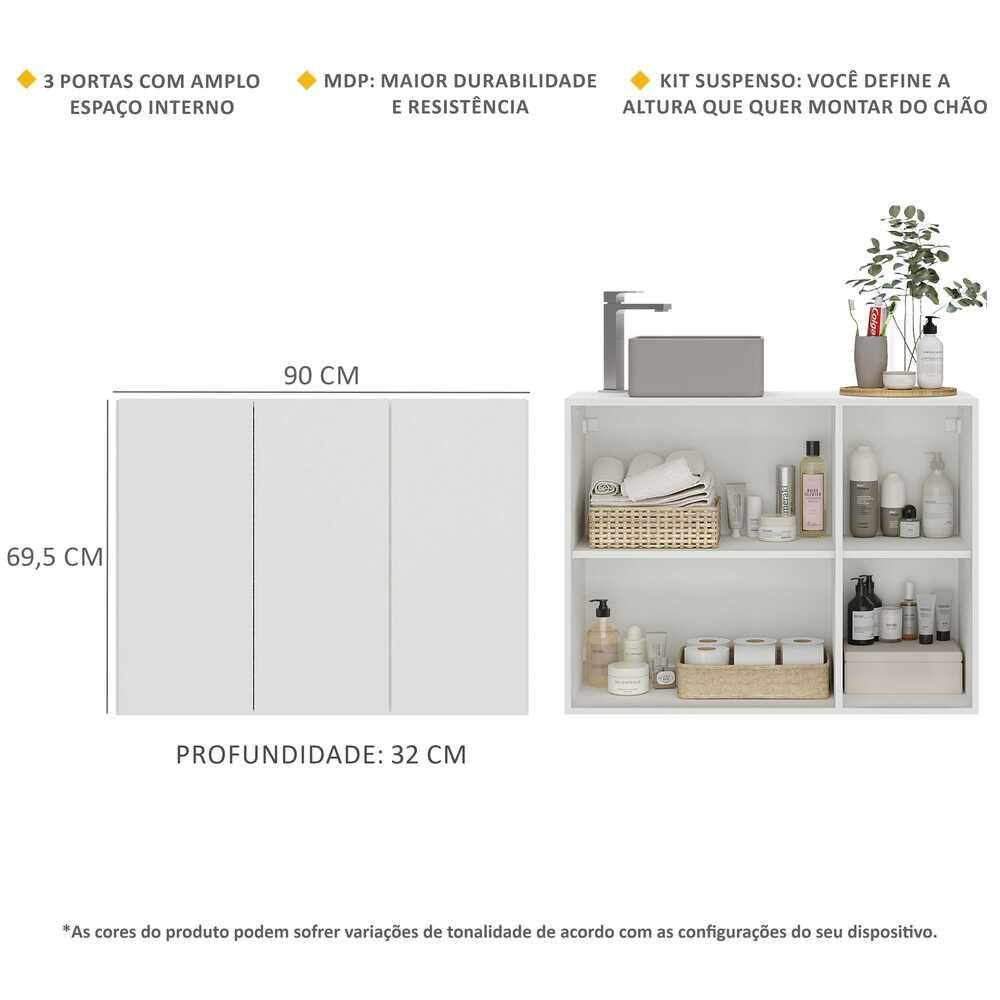 Gabinete Banheiro 3 Portas Suspenso 90cm Multimóveis MP5029 Branco