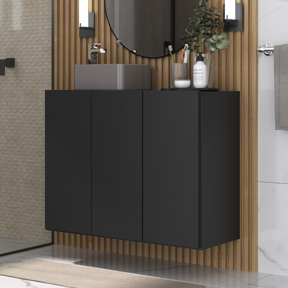 Gabinete Banheiro 3 Portas Suspenso 90cm Multimóveis V5029 Preto