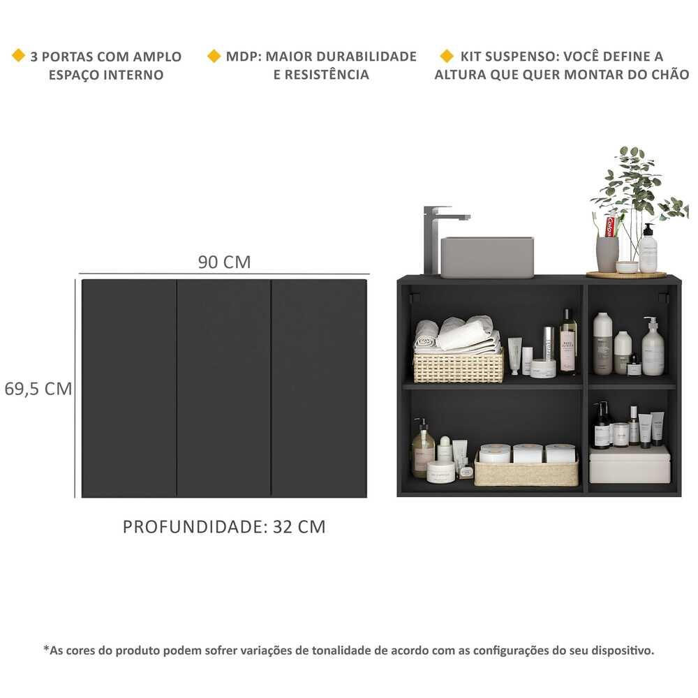 Gabinete Banheiro 3 Portas Suspenso 90cm Multimóveis V5029 Preto