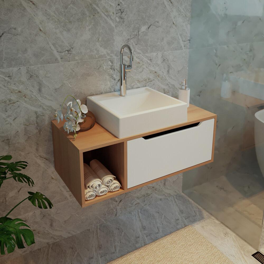 Gabinete Banheiro 80cm com 1 Porta e Nicho Multimóveis CR10122 Amêndoa/Branco