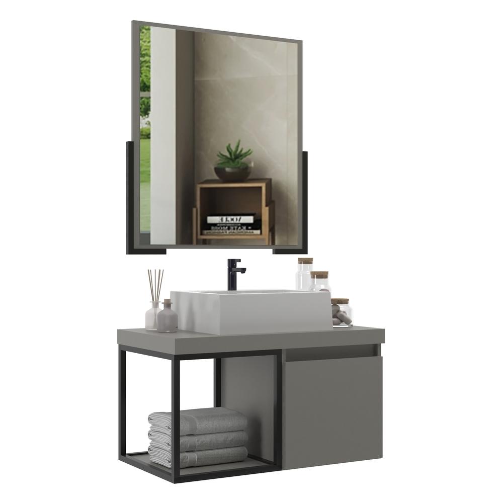 Gabinete Banheiro 80cm com Cuba e Espelheira Multimóveis CR10107 Cimento