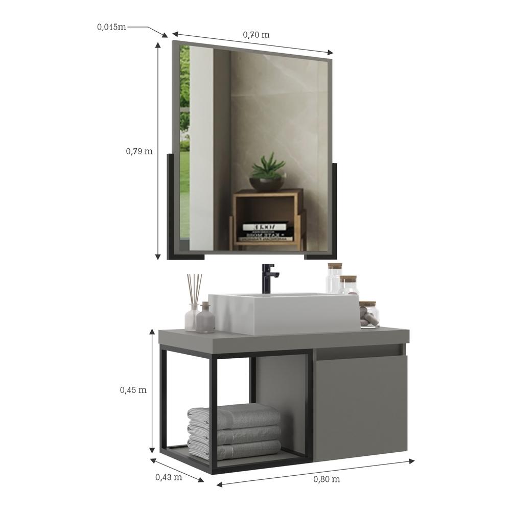 Gabinete Banheiro 80cm com Cuba e Espelheira Multimóveis CR10107 Cimento