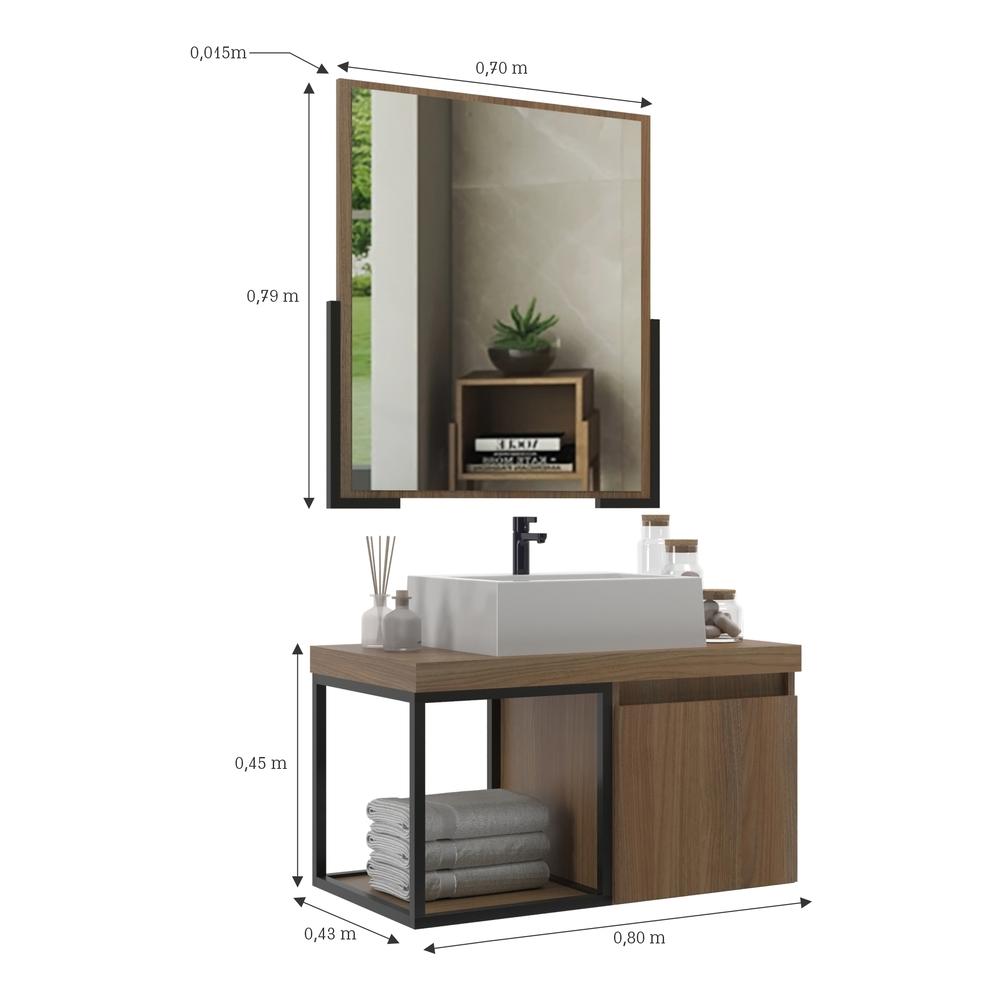 Gabinete Banheiro 80cm com Cuba e Espelheira Multimóveis CR10107 Noce