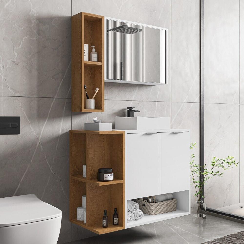 Gabinete de Banheiro Suspenso com Cuba e Espelheira 70cm Multimóveis CR10125 Branco/Naturalle