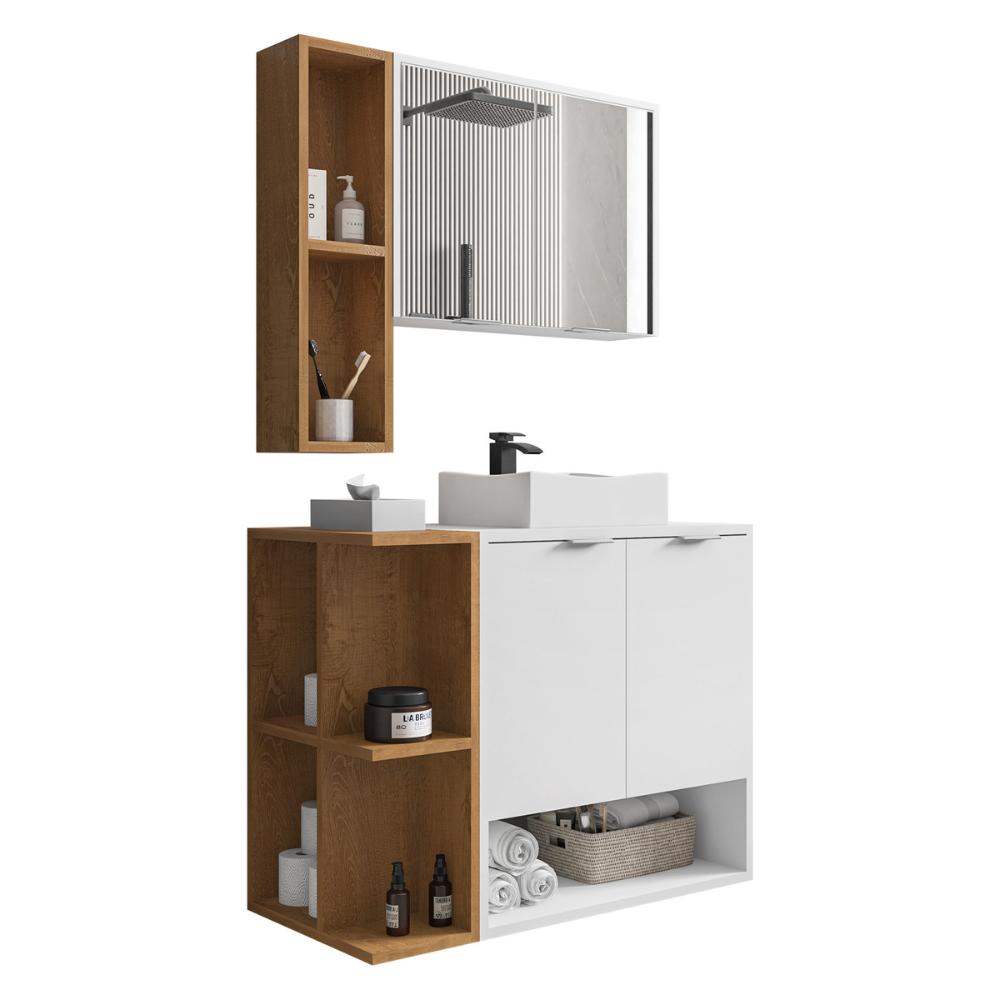 Gabinete de Banheiro Suspenso com Cuba e Espelheira 70cm Multimóveis CR10125 Branco/Naturalle