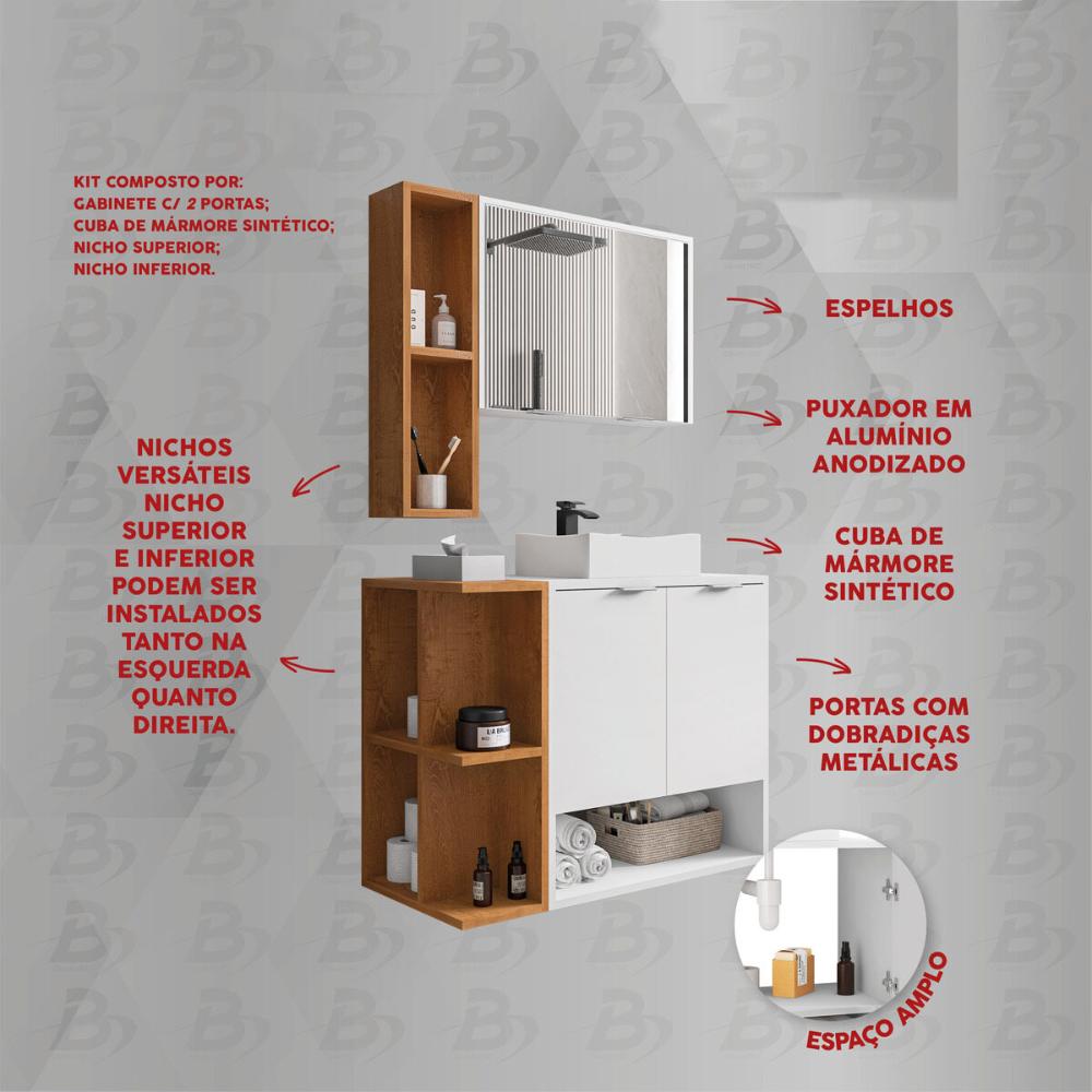Gabinete de Banheiro Suspenso com Cuba e Espelheira 70cm Multimóveis CR10125 Branco/Naturalle