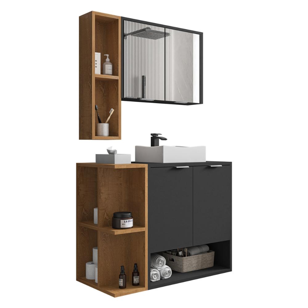Gabinete de Banheiro Suspenso com Cuba e Espelheira 70cm Multimóveis CR10125 Preto Fosco/Naturalle