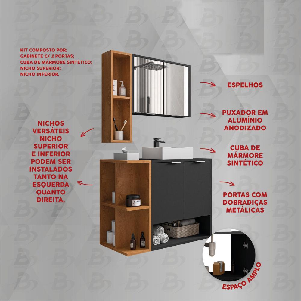Gabinete de Banheiro Suspenso com Cuba e Espelheira 70cm Multimóveis CR10125 Preto Fosco/Naturalle