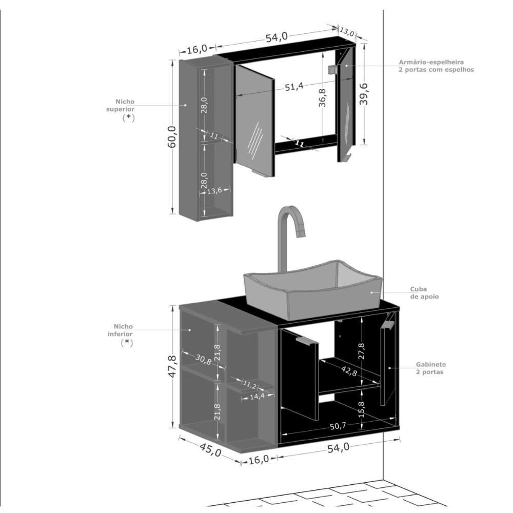 Gabinete de Banheiro Suspenso com Cuba e Espelheira 70cm Multimóveis CR10125 Preto Fosco/Naturalle