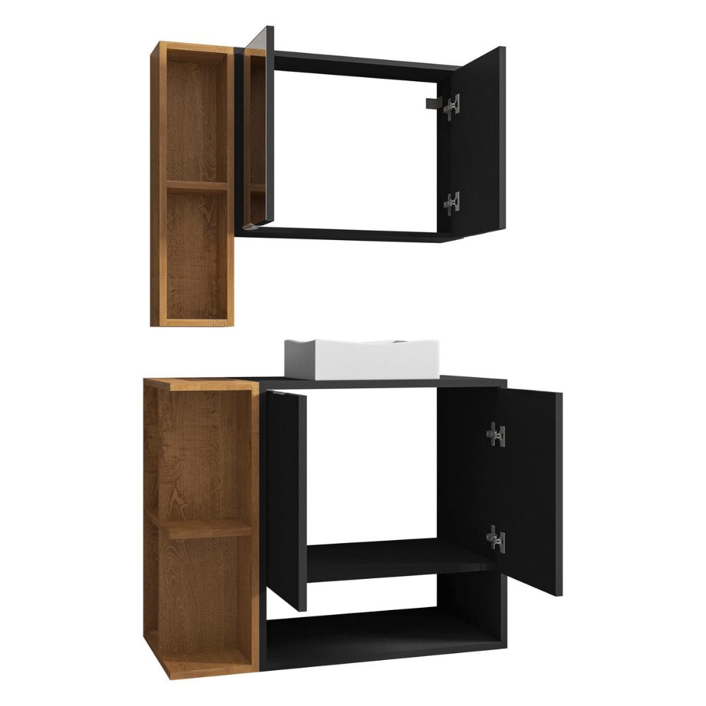 Gabinete de Banheiro Suspenso com Cuba e Espelheira 70cm Multimóveis CR10125 Preto Fosco/Naturalle