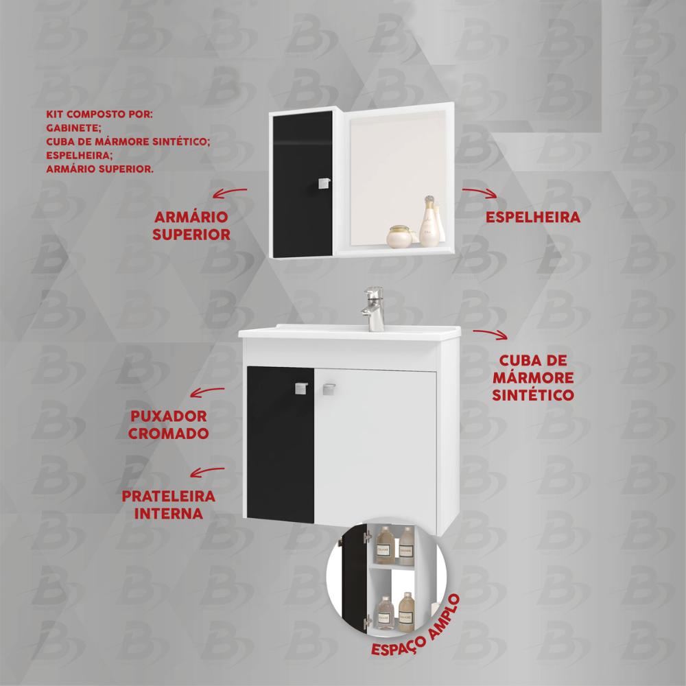 Gabinete de Banheiro Suspenso com Cuba e Espelheira Multimóveis CR10126 Branco/Preto