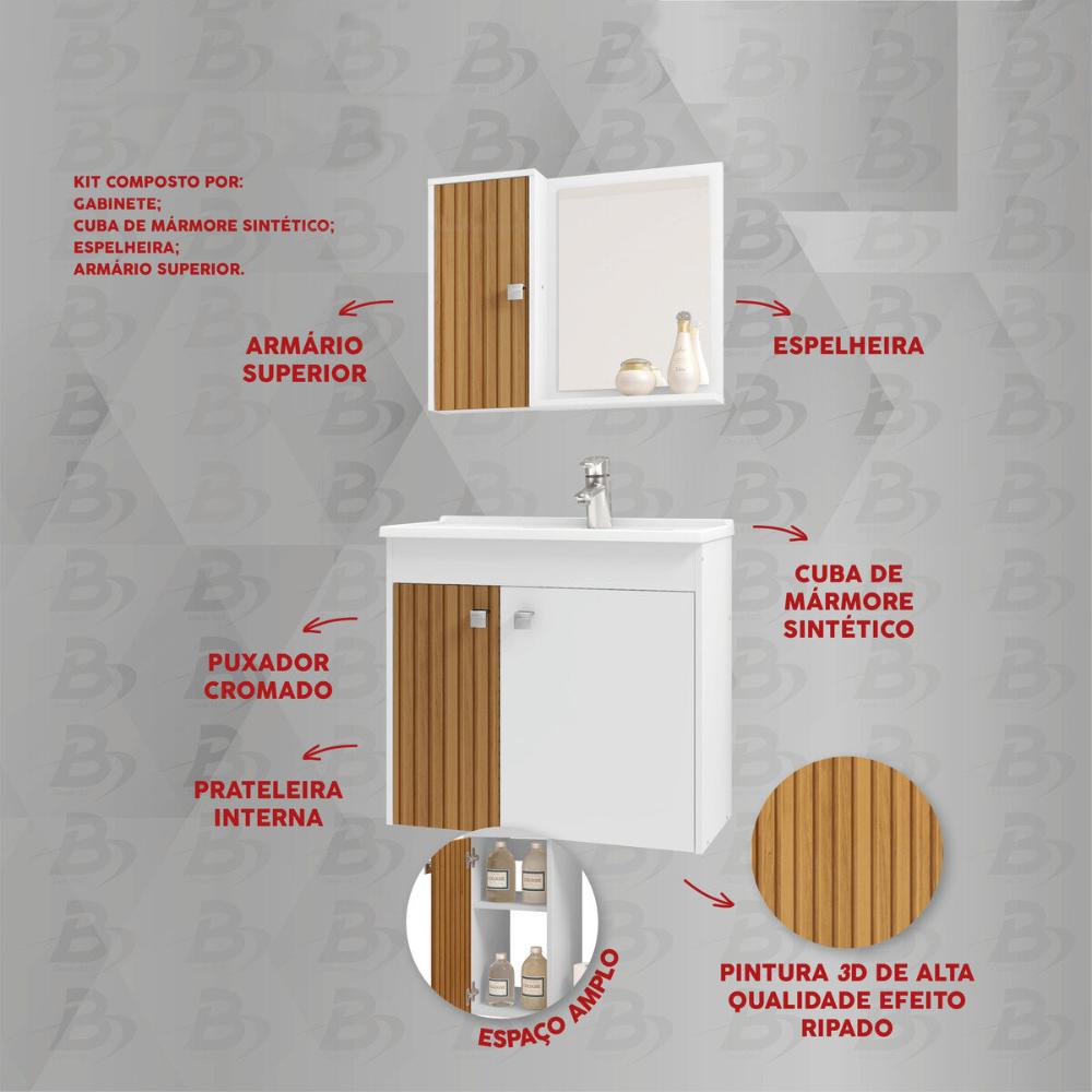 Gabinete de Banheiro Suspenso com Cuba e Espelheira Multimóveis CR10126 Branco/Ripado