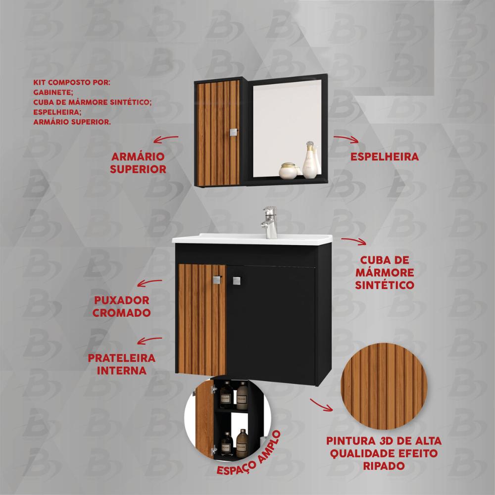 Gabinete de Banheiro Suspenso com Cuba e Espelheira Multimóveis CR10126 Preto Fosco/Ripado