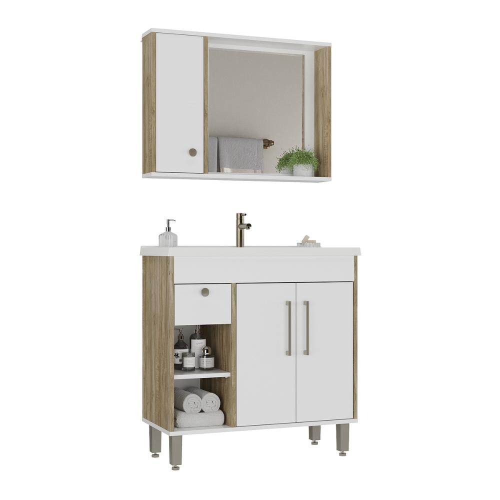 Gabinete de Banheiro com Cuba e Espelheira 80,2cm Multimóveis CR10136 Carvalho Cartagena/Branco