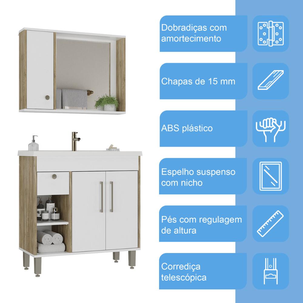 Gabinete de Banheiro com Cuba e Espelheira 80,2cm Multimóveis CR10136 Carvalho Cartagena/Branco