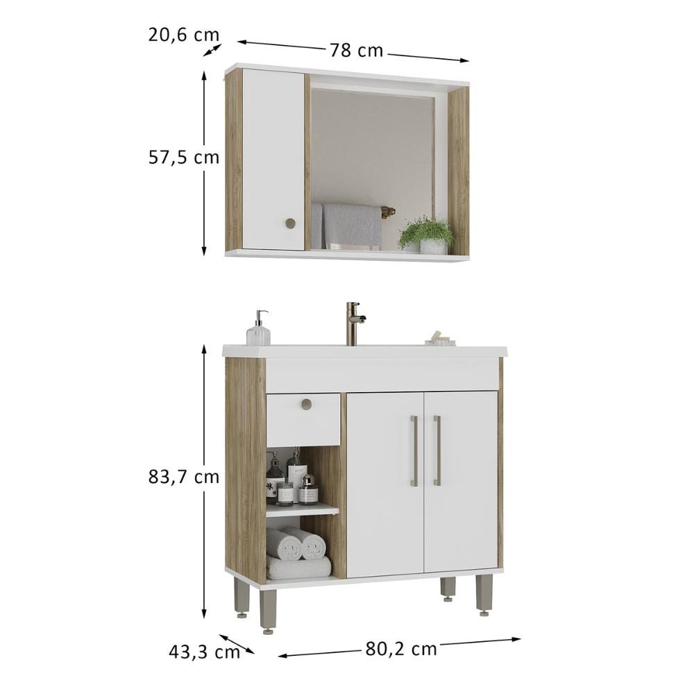 Gabinete de Banheiro com Cuba e Espelheira 80,2cm Multimóveis CR10136 Carvalho Cartagena/Branco