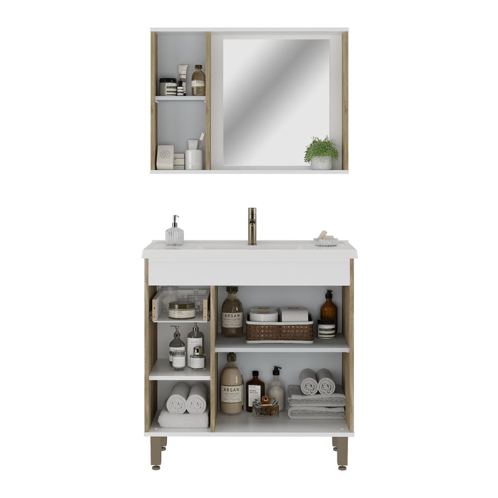 Gabinete de Banheiro com Cuba e Espelheira 80,2cm Multimóveis CR10136 Carvalho Cartagena/Branco
