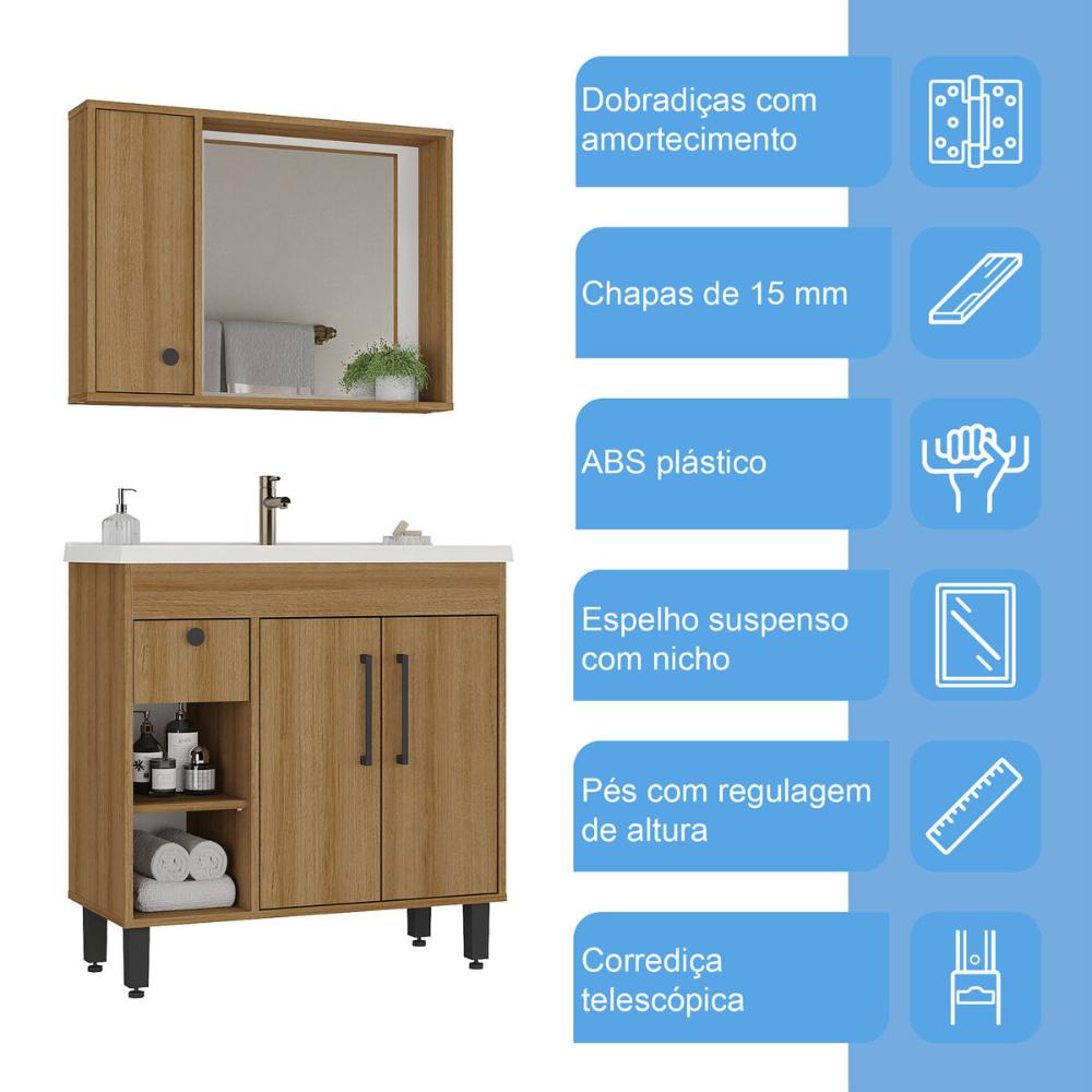 Gabinete de Banheiro com Cuba e Espelheira 80,2cm Multimóveis CR10136 Lâmina Mel/Branco