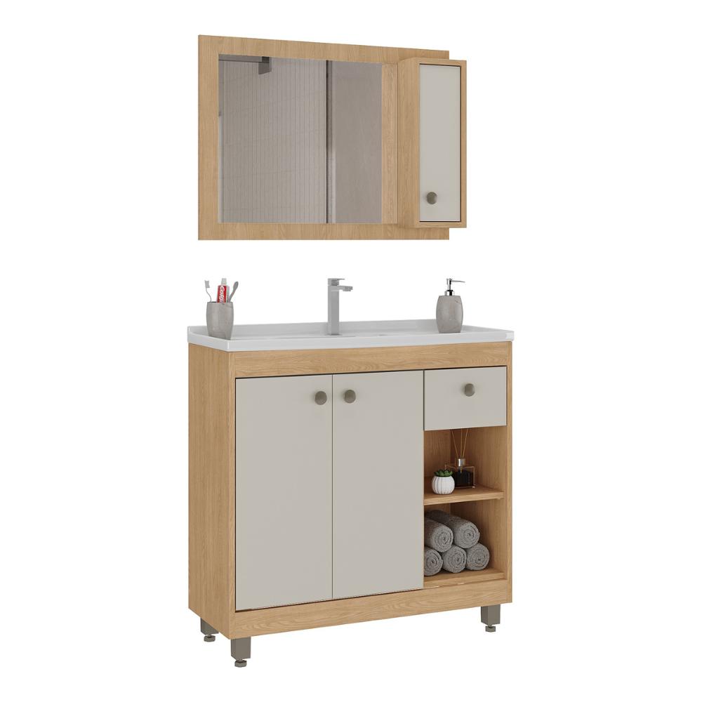 Gabinete de Banheiro com Cuba e Espelheira 80cm Multimóveis CR10134 Carvalho Nature/Arenas