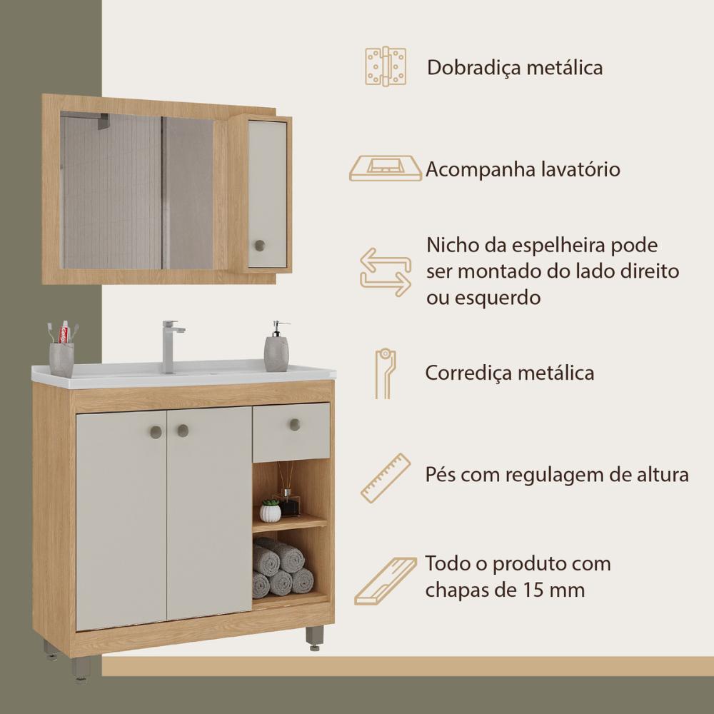 Gabinete de Banheiro com Cuba e Espelheira 80cm Multimóveis CR10134 Carvalho Nature/Arenas