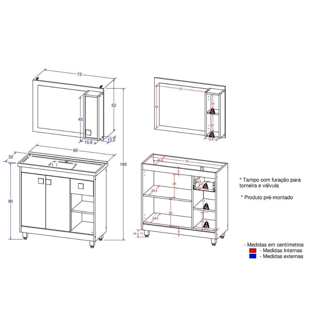 Gabinete de Banheiro com Cuba e Espelheira 80cm Multimóveis CR10134 Carvalho Nature/Arenas