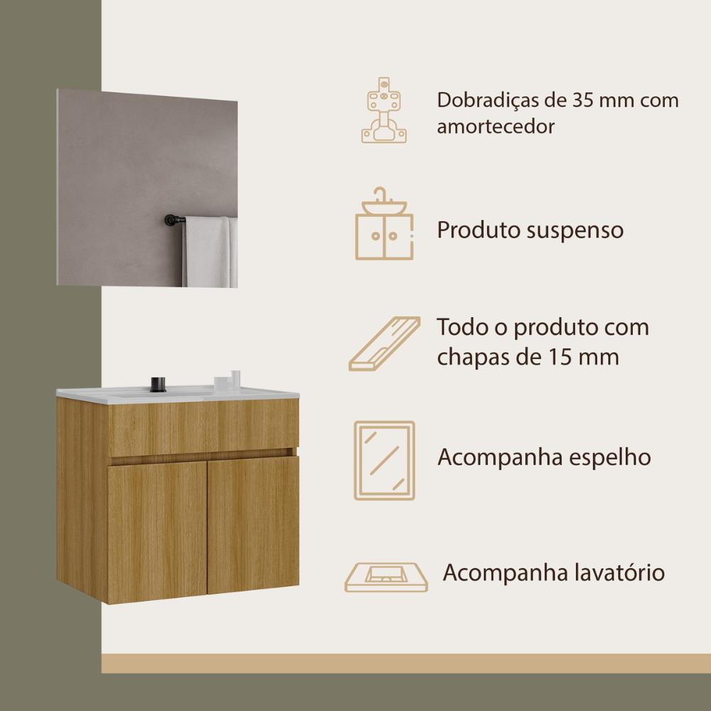Gabinete de Banheiro com Cuba e Espelheira Suspenso 60cm Multimóveis CR10135 Lâmina Mel