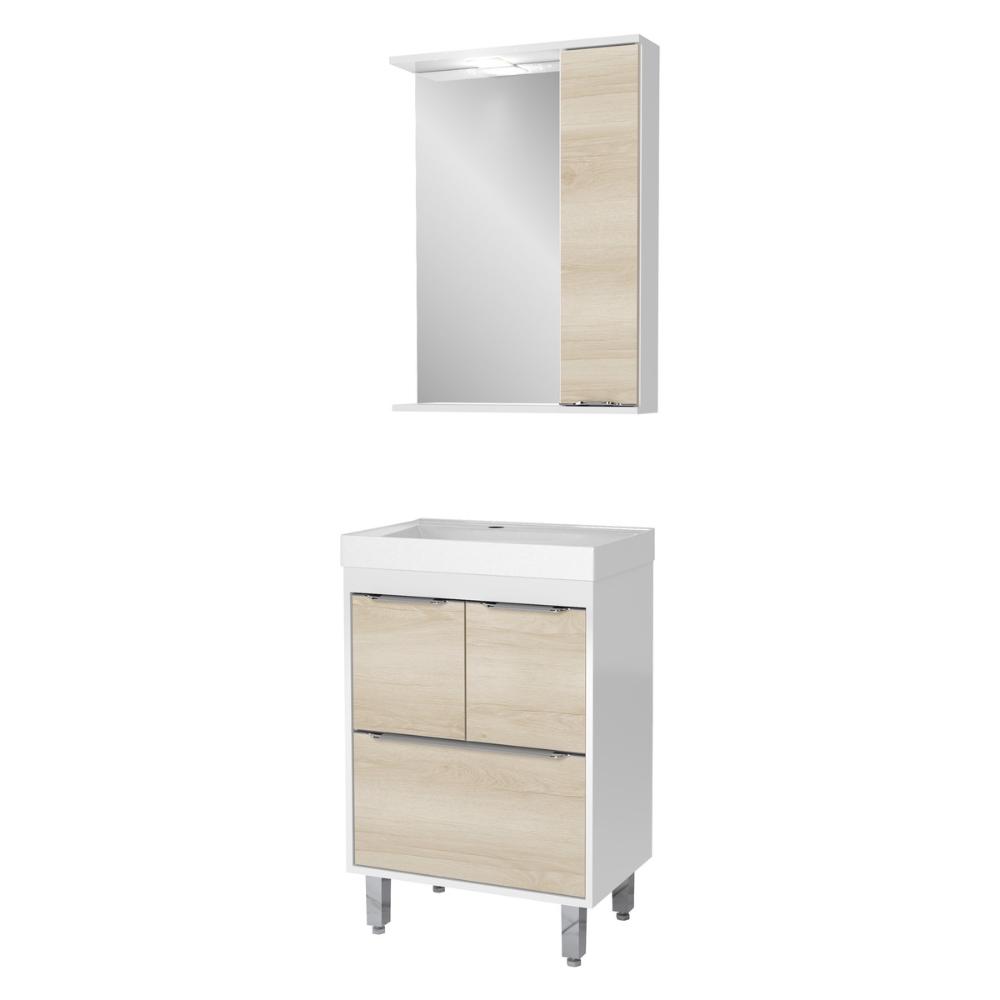 Gabinete de Banheiro com Cuba e Espelheira com LED 59cm Multimóveis CR10130 Branco/Legno Crema