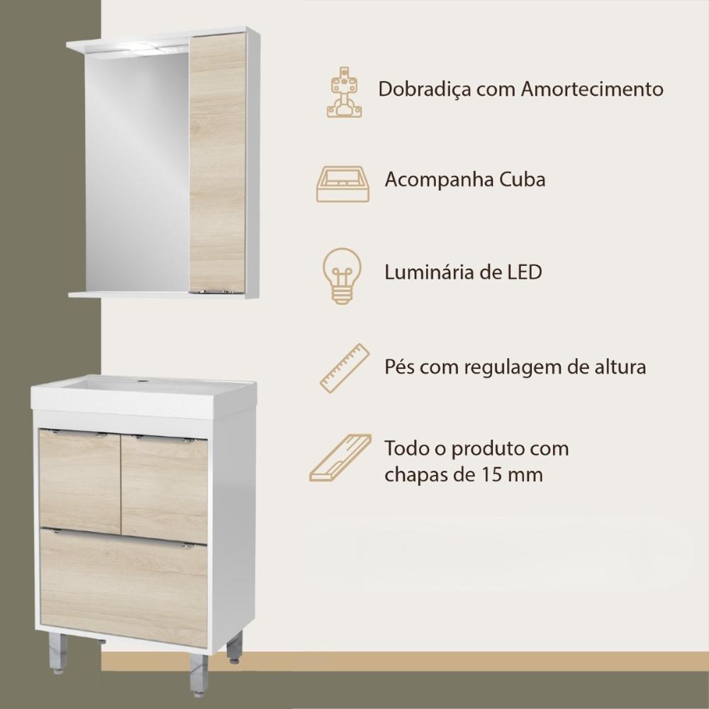Gabinete de Banheiro com Cuba e Espelheira com LED 59cm Multimóveis CR10130 Branco/Legno Crema