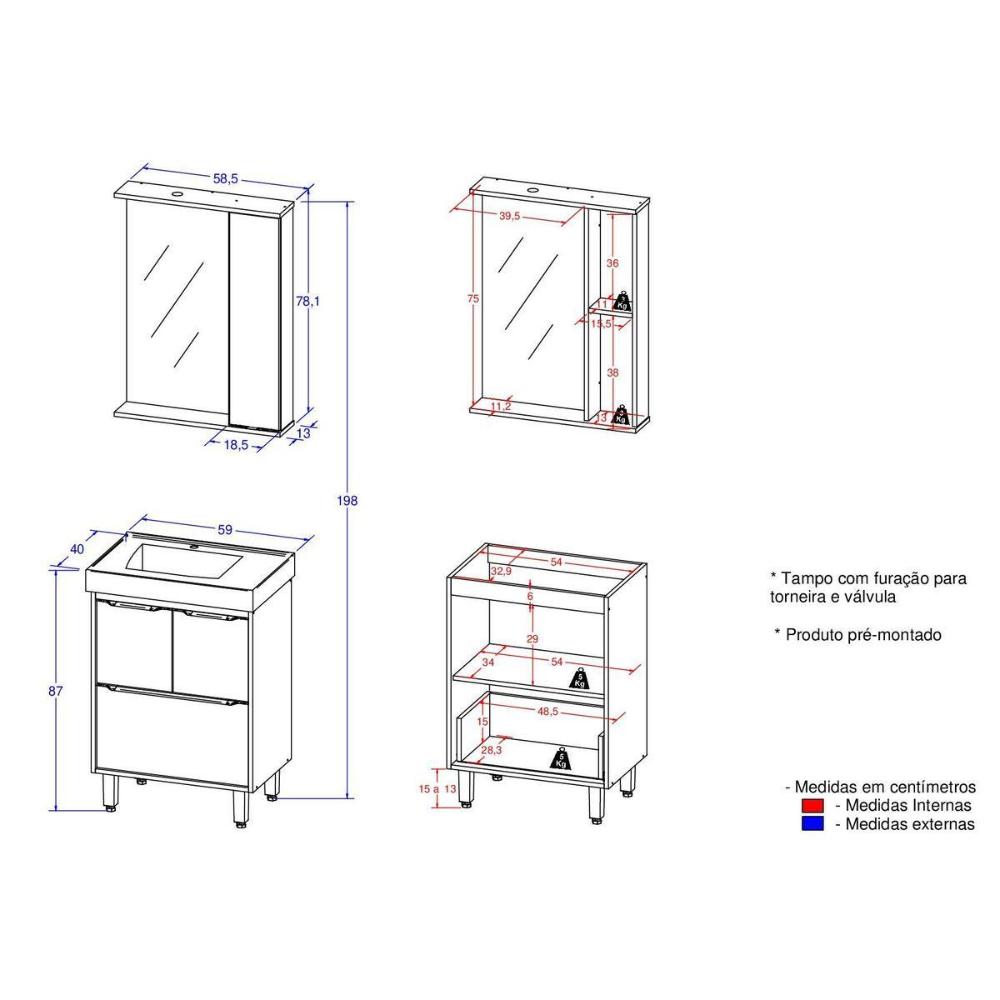 Gabinete de Banheiro com Cuba e Espelheira com LED 59cm Multimóveis CR10130 Branco/Legno Crema