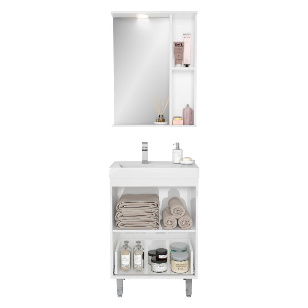 Gabinete de Banheiro com Cuba e Espelheira com LED 59cm Multimóveis CR10130 Branco/Legno Crema