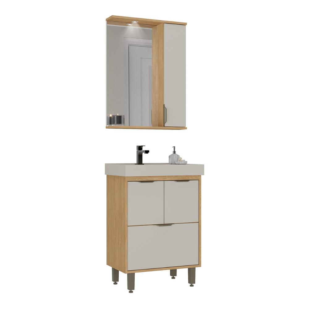 Gabinete de Banheiro com Cuba e Espelheira com LED 59cm Multimóveis CR10138 Carvalho Nature/Arenas