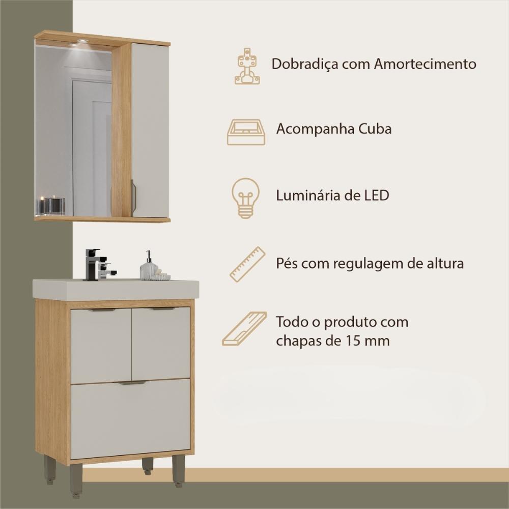 Gabinete de Banheiro com Cuba e Espelheira com LED 59cm Multimóveis CR10138 Carvalho Nature/Arenas