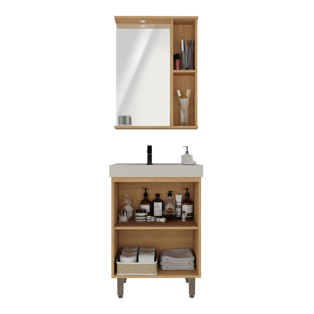Gabinete de Banheiro com Cuba e Espelheira com LED 59cm Multimóveis CR10138 Carvalho Nature/Arenas