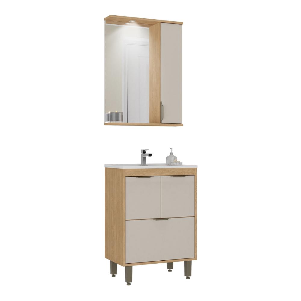 Gabinete de Banheiro com Cuba e Espelheira com LED 59cm Multimóveis CR10141 Carvalho Nature/Arenas
