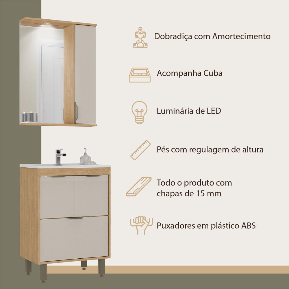 Gabinete de Banheiro com Cuba e Espelheira com LED 59cm Multimóveis CR10141 Carvalho Nature/Arenas