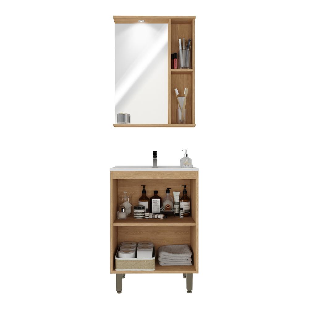 Gabinete de Banheiro com Cuba e Espelheira com LED 59cm Multimóveis CR10141 Carvalho Nature/Arenas