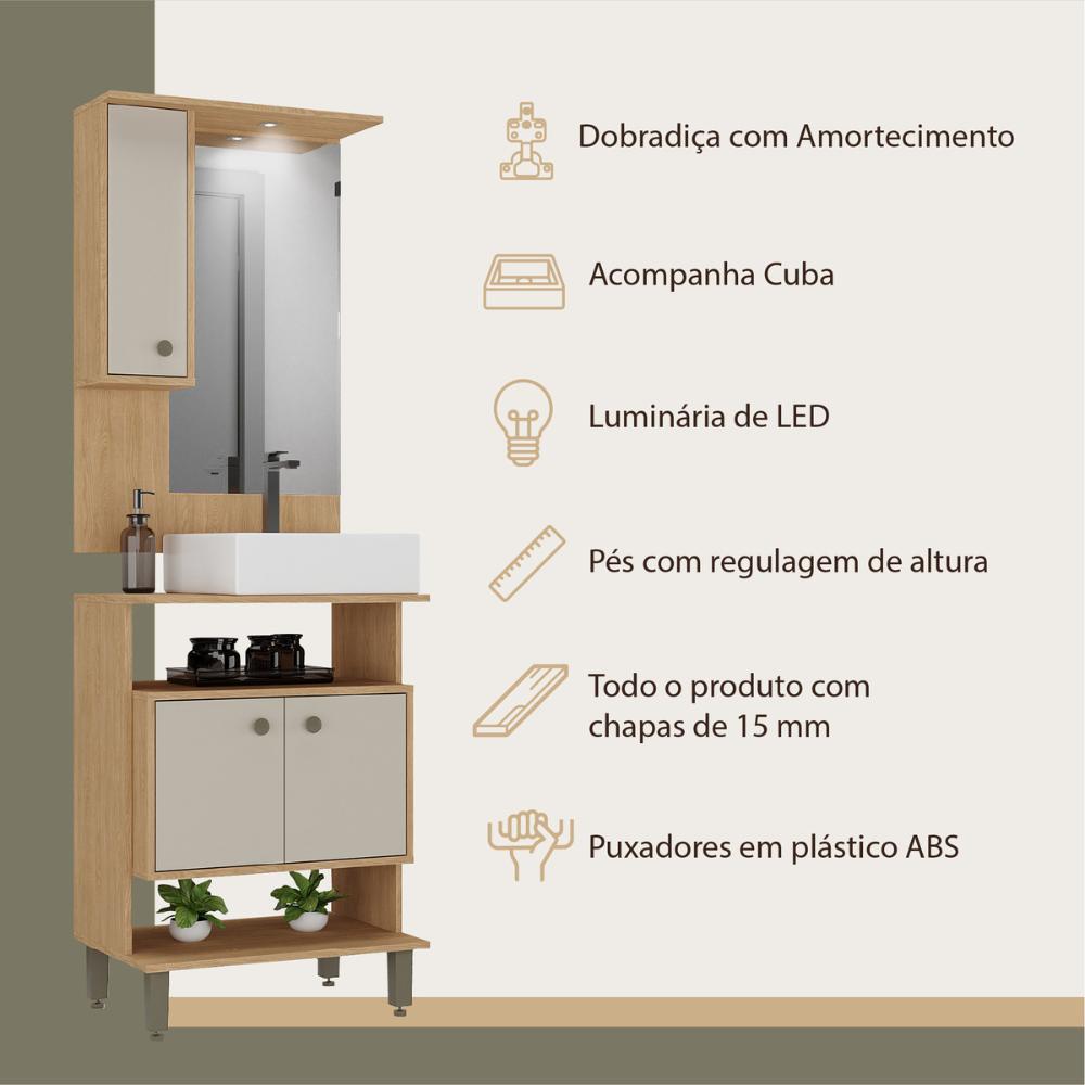 Gabinete de Banheiro com Cuba e Espelheira com LED 60cm Multimóveis CR10132 Carvalho Nature/Arenas