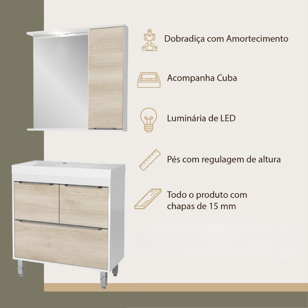 Gabinete de Banheiro com Cuba e Espelheira com LED 79,5cm Multimóveis CR10131 Branco/Legno Crema